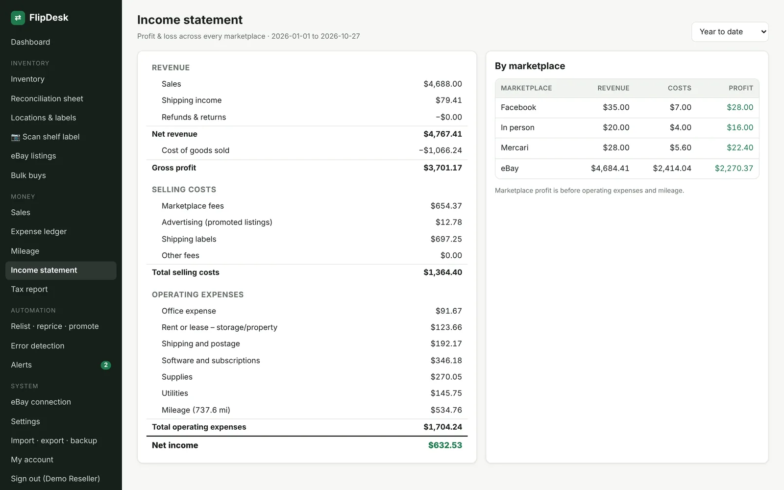 FlipDesk income statement screen