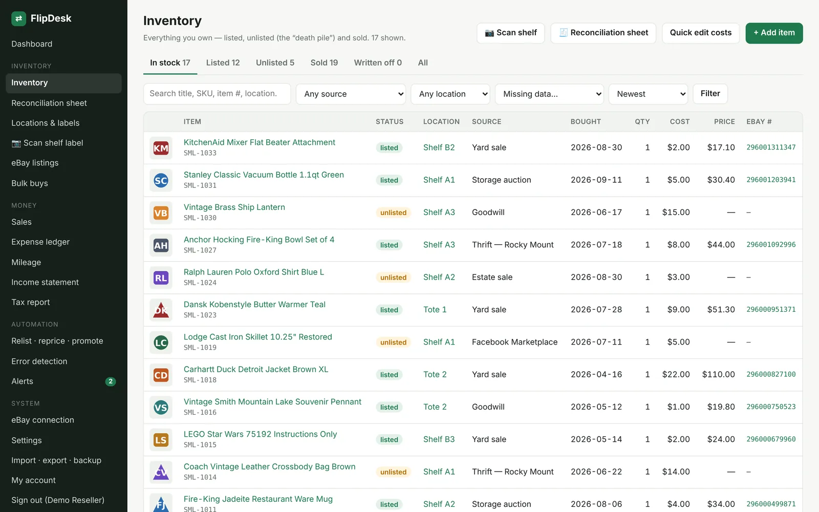 FlipDesk inventory screen