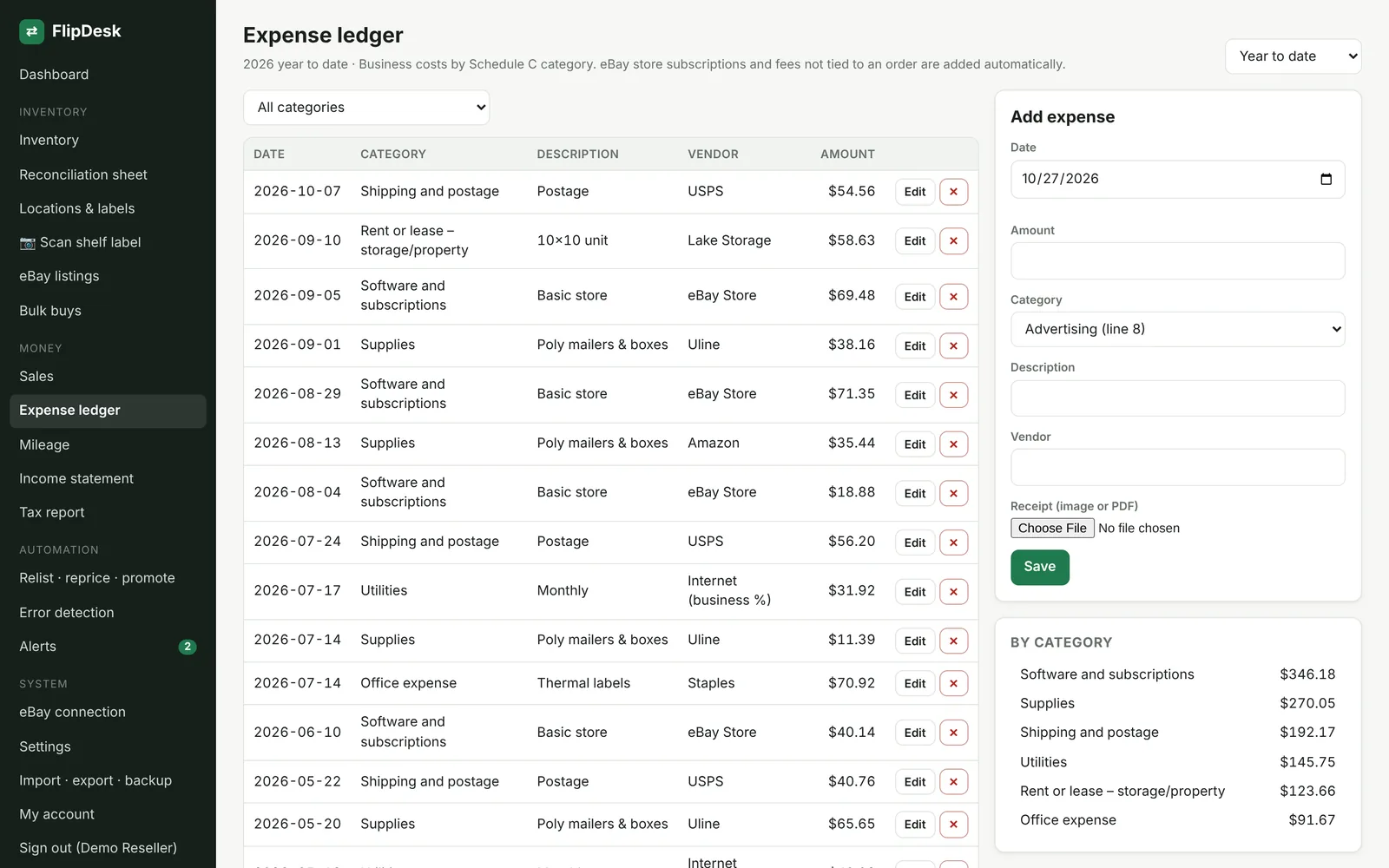 FlipDesk expense ledger screen