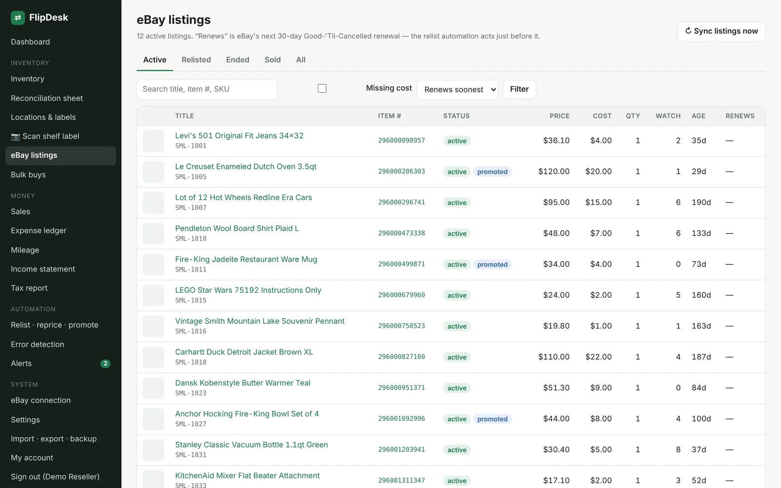 FlipDesk ebay listings screen