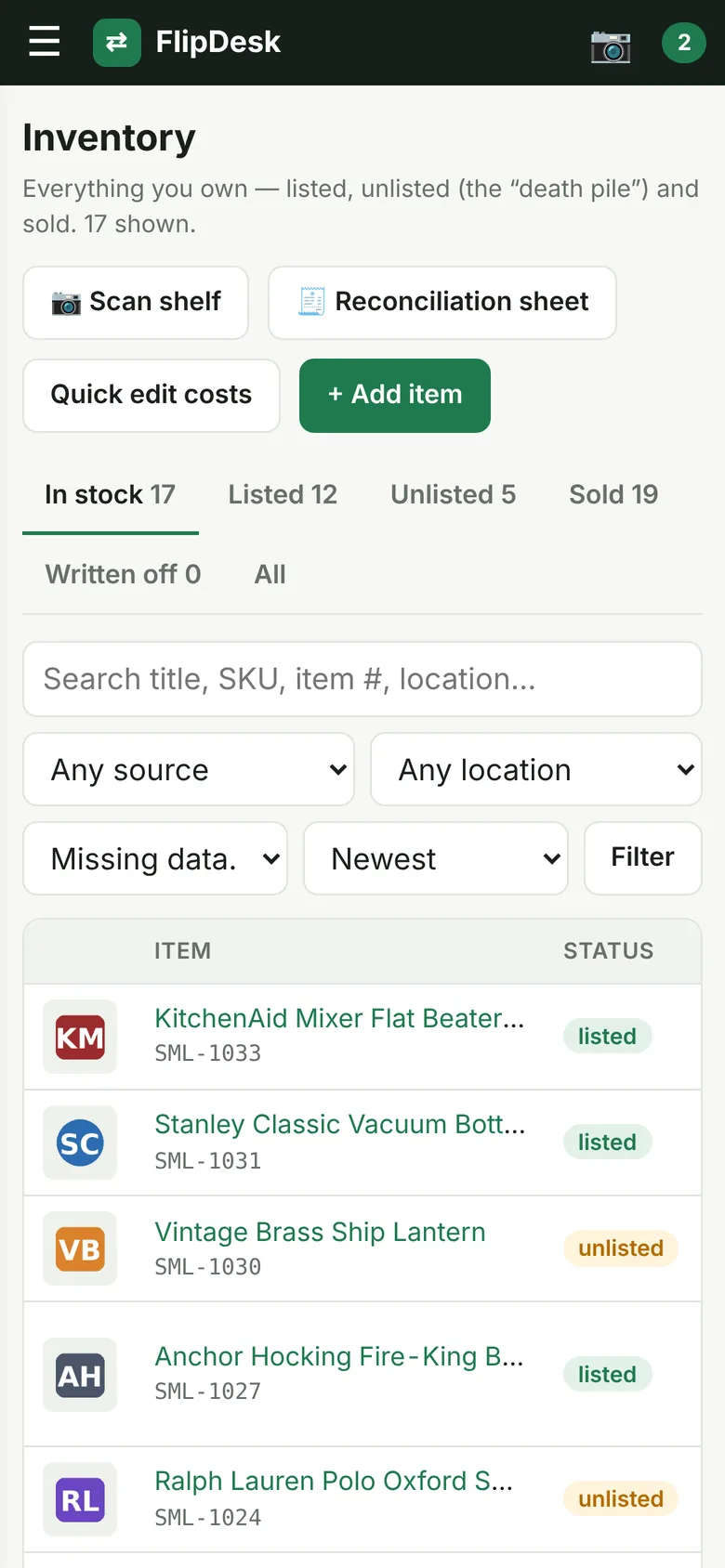 FlipDesk inventory list on a phone
