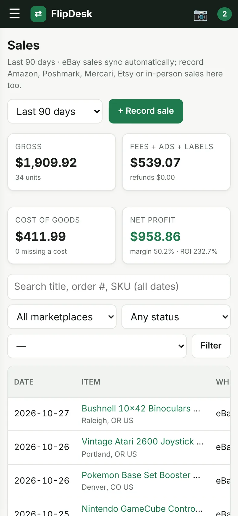 FlipDesk sales summary on a phone