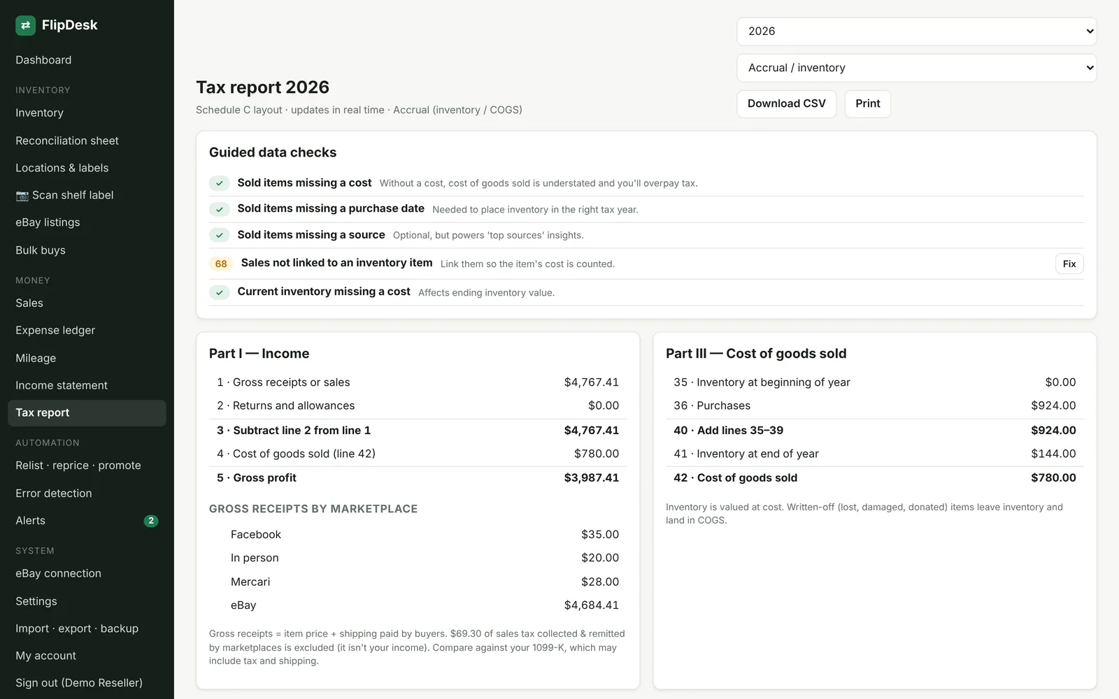 FlipDesk tax report screen